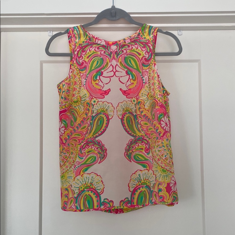 Lilly Pulitzer Pink and Green Sleeveless Tank Top with gold buttons XS